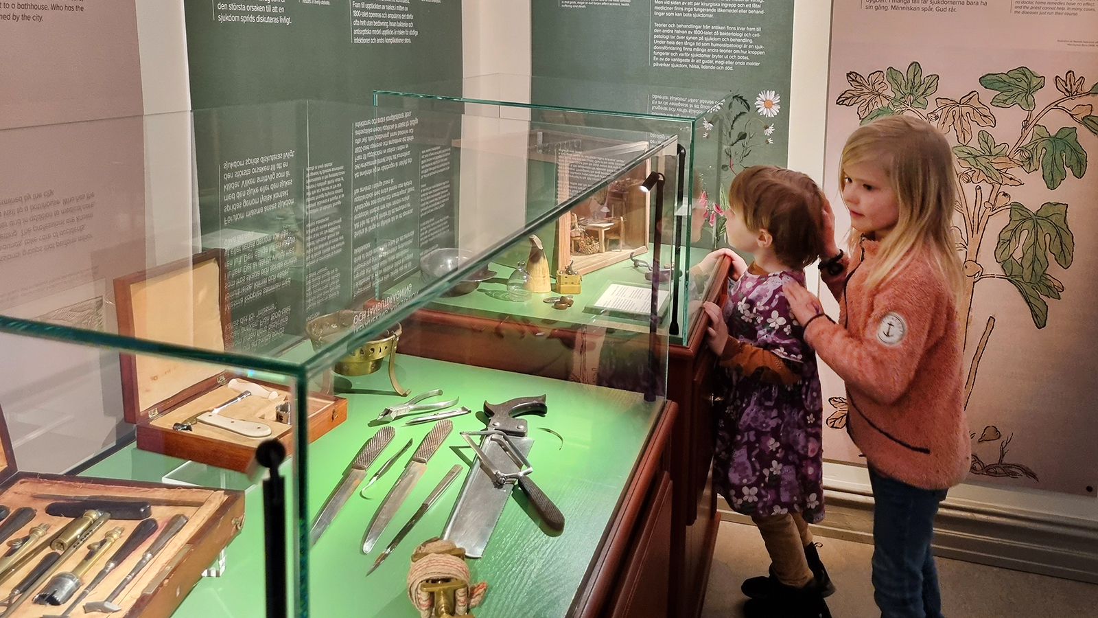 Två barn tittar i en monter med mediciniska föremål, vepor med text och bilder i bakgrunden