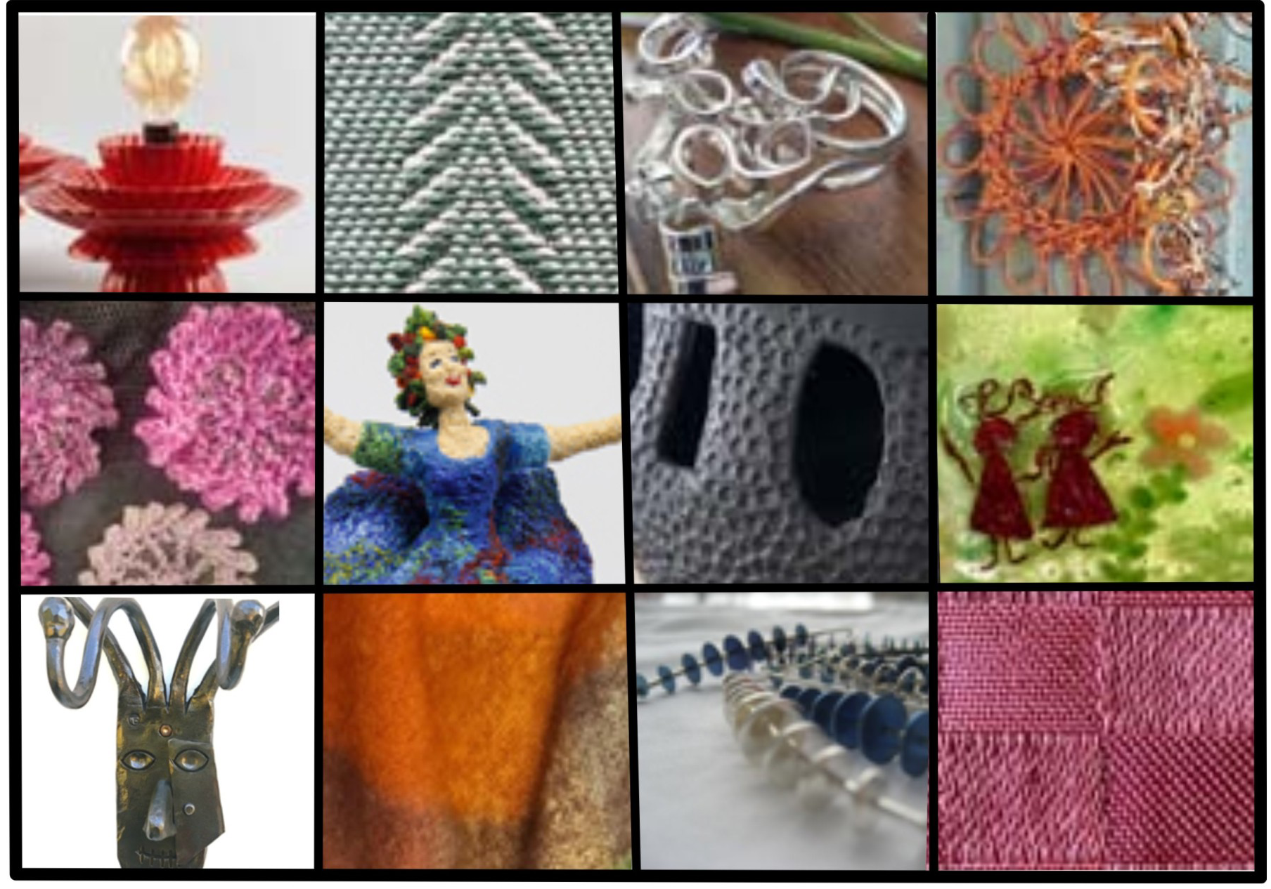 ett rutnät med 12 bilder på slöjdföremål från sjuhäradsform
