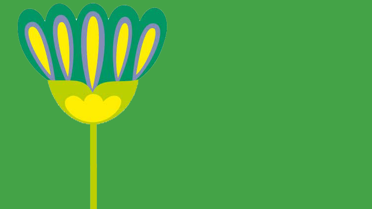 Grön botten, till vänster en grafisk blomma i gult och grönt