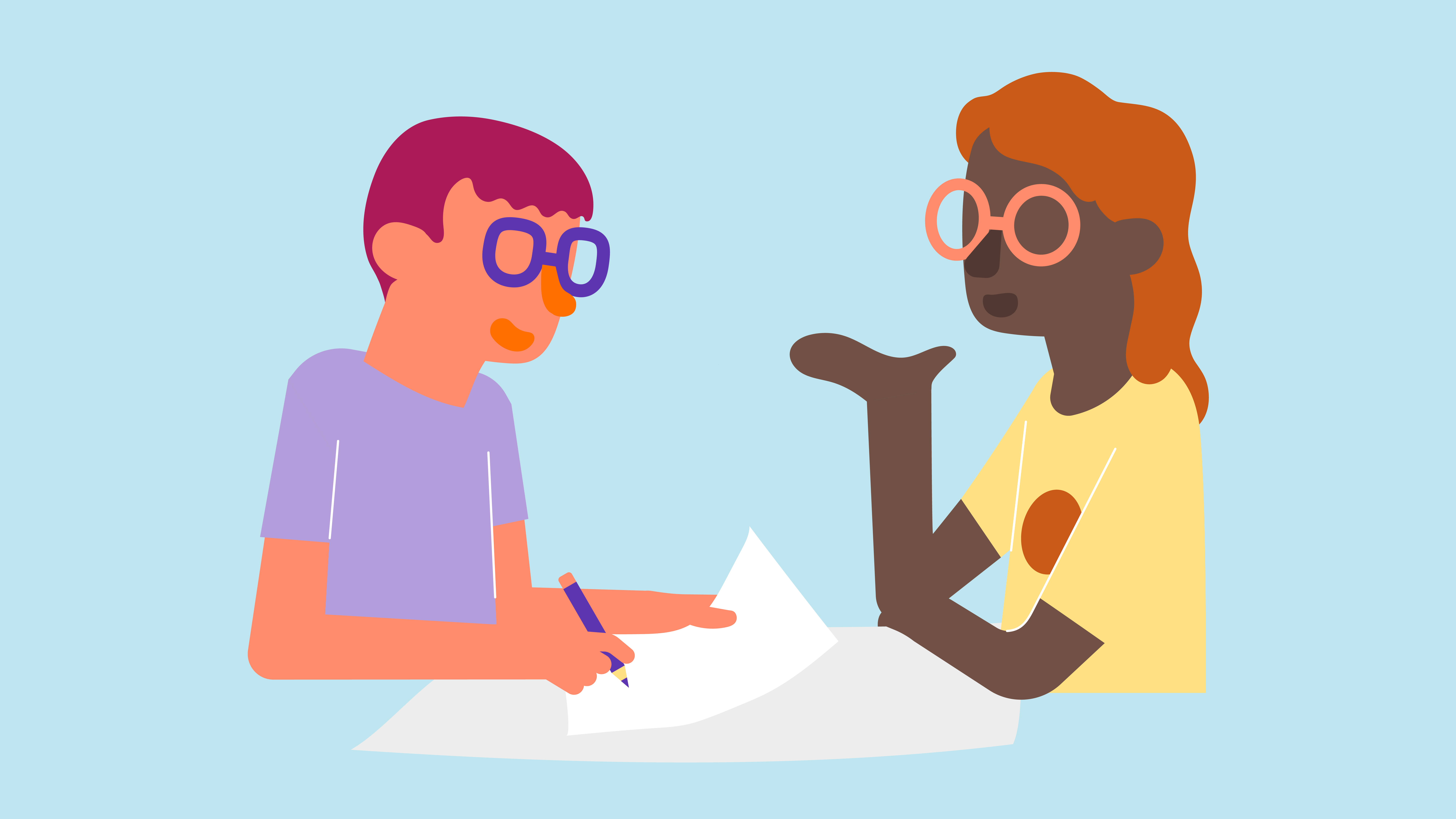 Illustration. Två figurer som samtalar respektfullt.