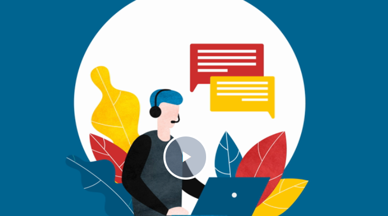 Tecknad bild på person som sitter med hörlurar framför en dataskärm