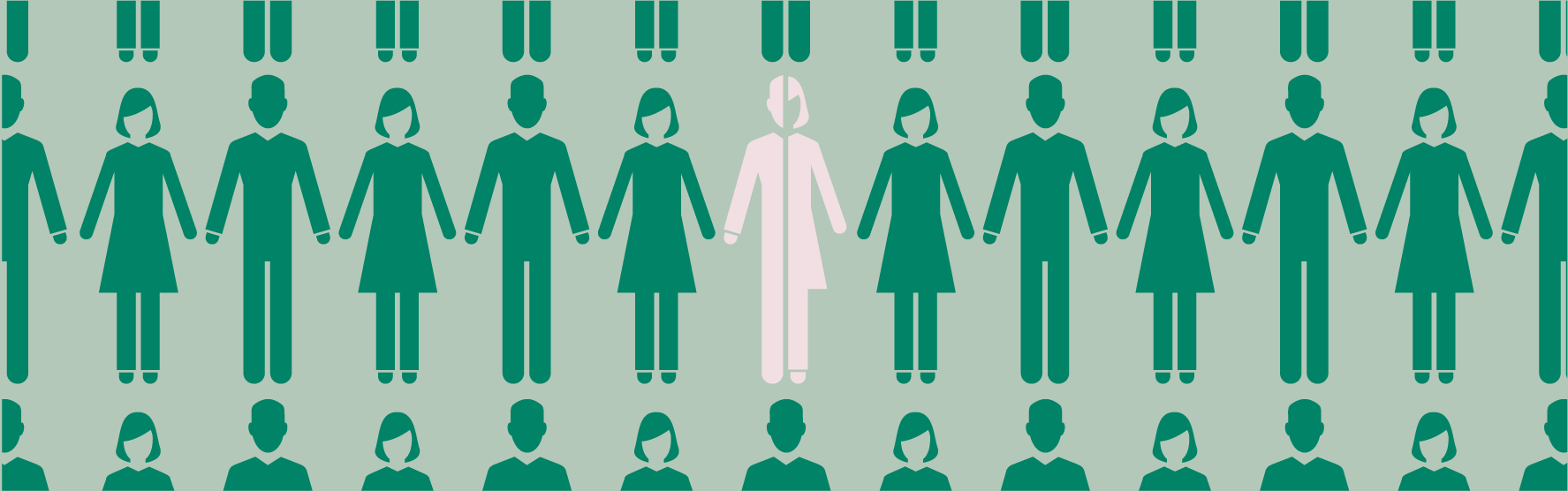 Illustration, människor på rad, varannan med byxor, varannan med kjol. Alla är gröna utom en person i mitten som är vit och är till hälften ritad med byxor, hälften med kjol.