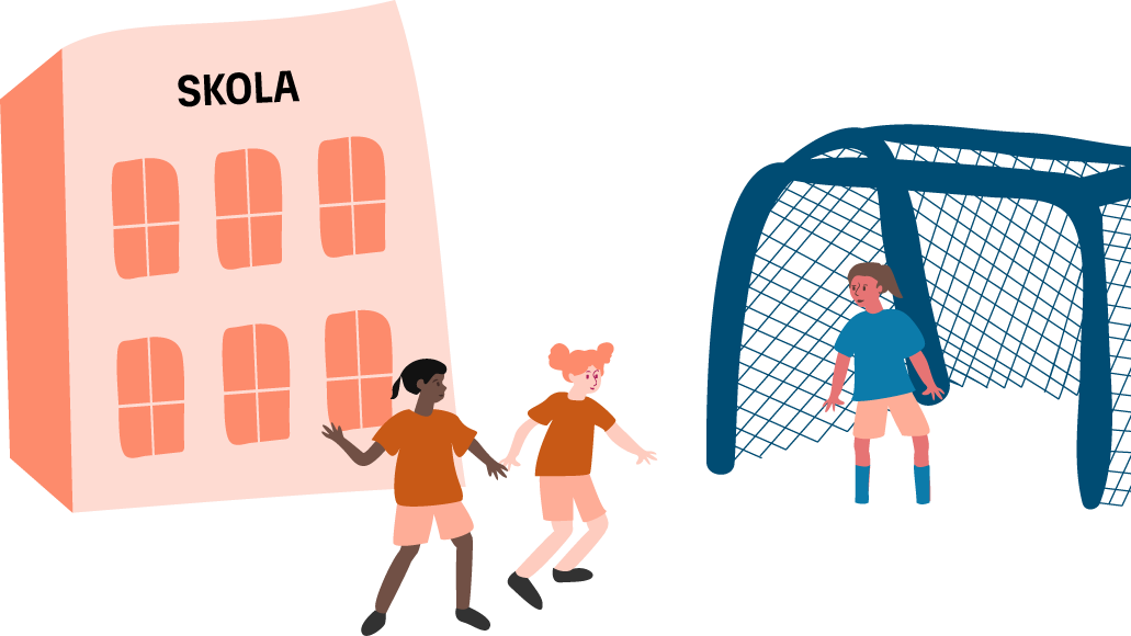 Illustration med tre barn som spelar fotboll på en skolgård. Skolbyggnaden syns i bakgrunden.
