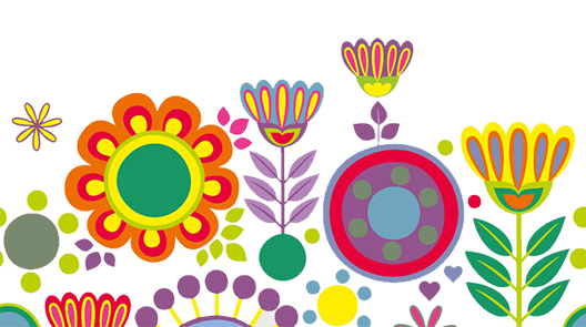 färgglada, stilistiska, grafiska blommor. 