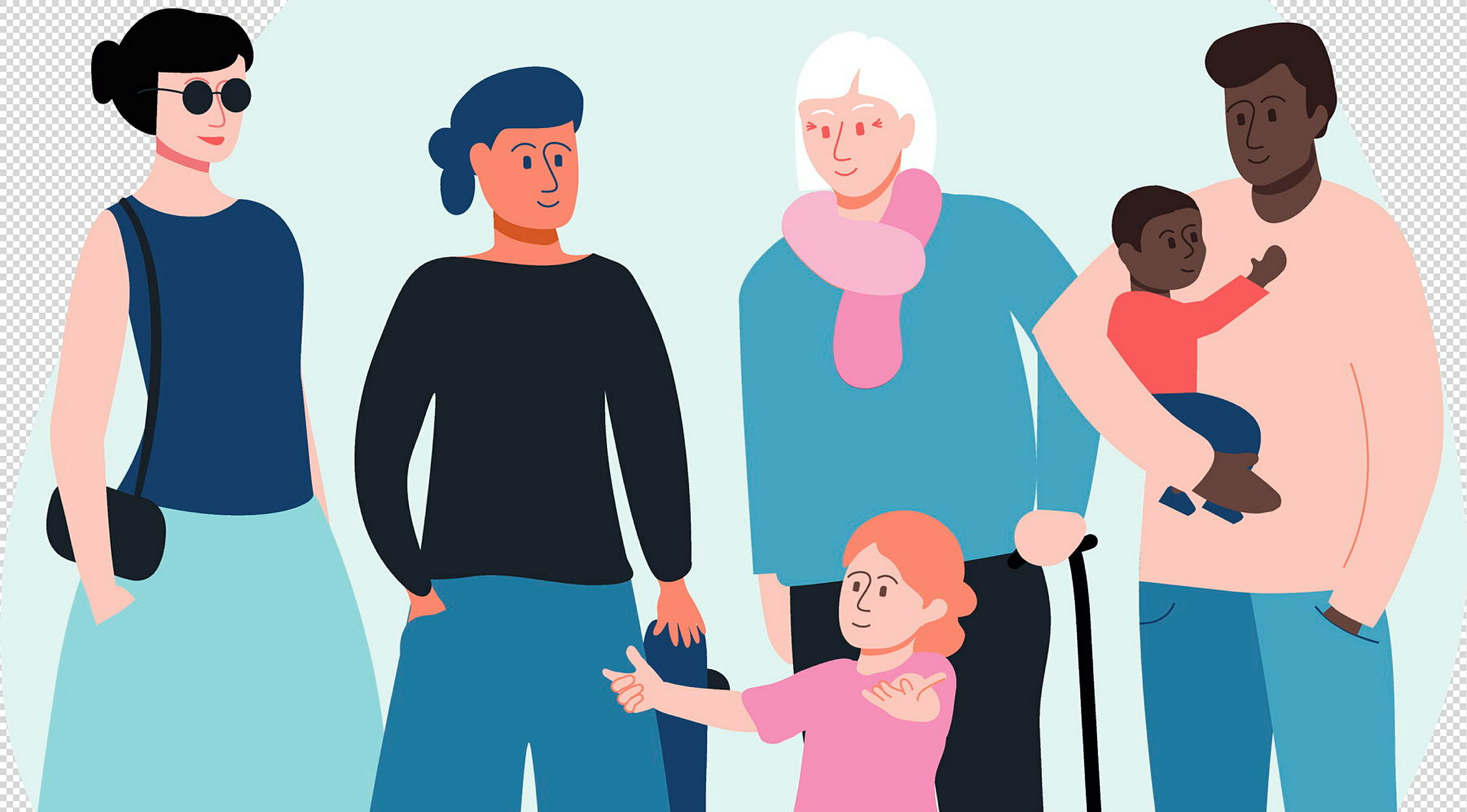 Illustration med flera personer i olika åldrar som står tillsammans.