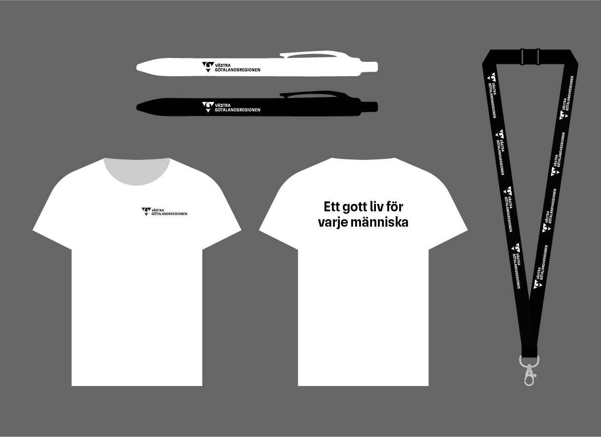 Pennor, t-shirt och nyckelband i svart/vitt med VGRs logotyp