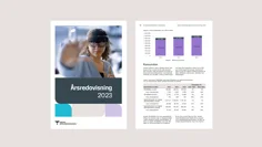 Rapport med bild av en person med virtuell reality-glasögon samt en sida från rapporten med både tabeller och stapeldiagram.