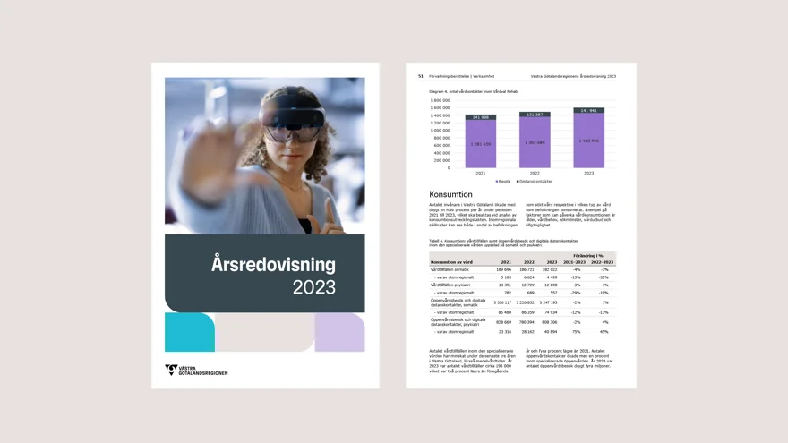 Rapport med bild av en person med virtuell reality-glasögon samt en sida från rapporten med både tabeller och stapeldiagram.