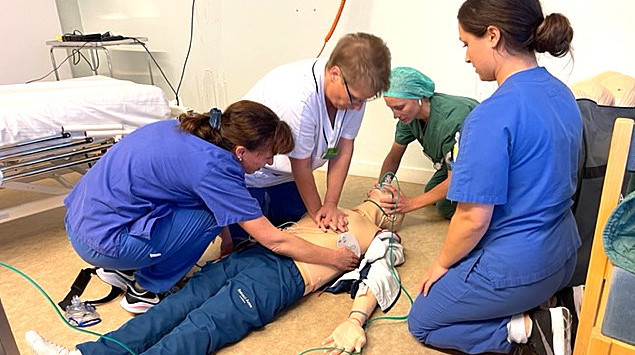 Tre medarbetare övar hjärt-lungräddning på en docka. En instruktör observerar.